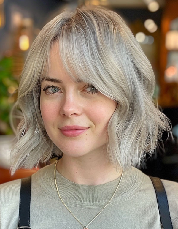 25 Trendy Bob Hairstyles : Silver Wavy Bob with Curtain Bangs