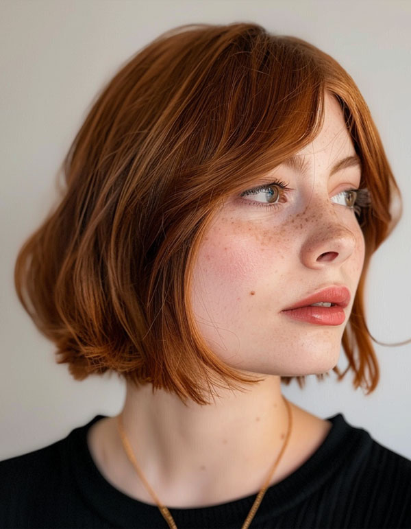 25 Trendy Bob Hairstyles : Textured Ginger Bob with Curtain Bangs