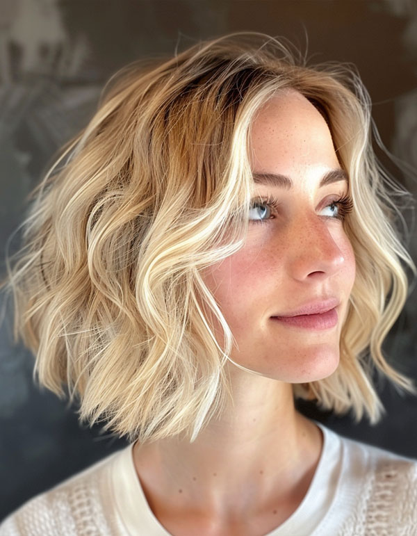 25 Trendy Bob Hairstyles : Blonde Wavy Bob with Subtle Highlights