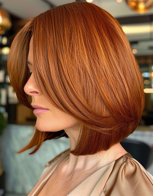 Fiery Red Angled Bob with Curtain Bangs