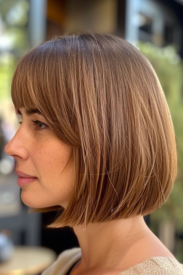 Caramel Brown Bob with Blunt Bangs, caramel brown bob haircut