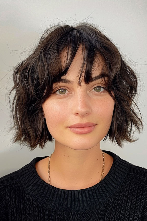 25 Trendy Bob Hairstyles : Wavy Bob with Wispy Bangs