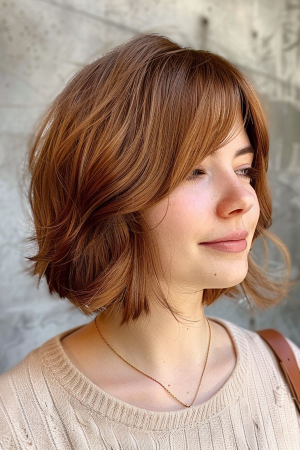 25 Trendy Bob Hairstyles : Copper Brown Wavy Bob with Side-Swept Bangs