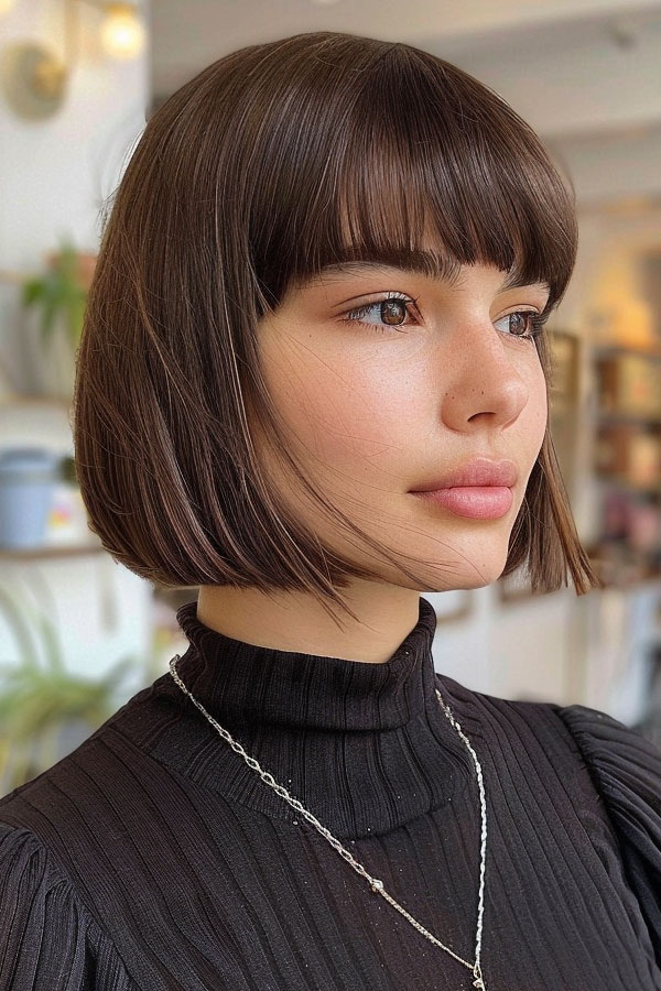 25 Trendy Bob Hairstyles : Dark Brown Hair Blunt Bob with Bangs