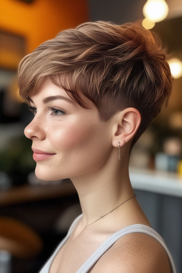 cinnamon syrup hair colour, pixie haircut