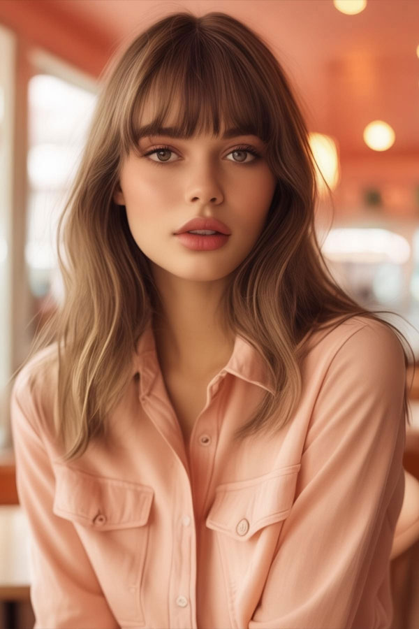 22 Cute Haircuts for Round Faces : Long Waves with Blunt Bangs