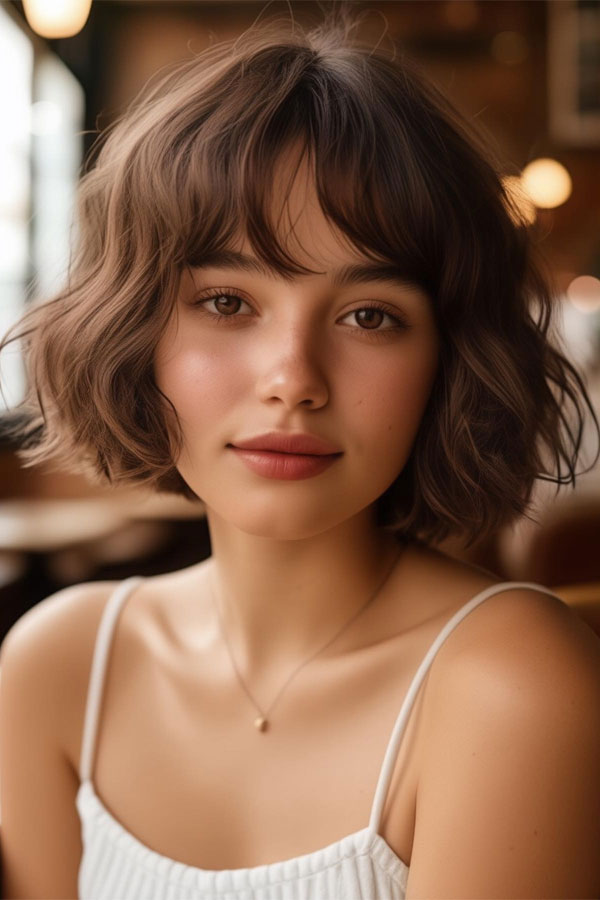 22 Cute Haircuts for Round Faces : Playful Textured Bob with Soft Bangs