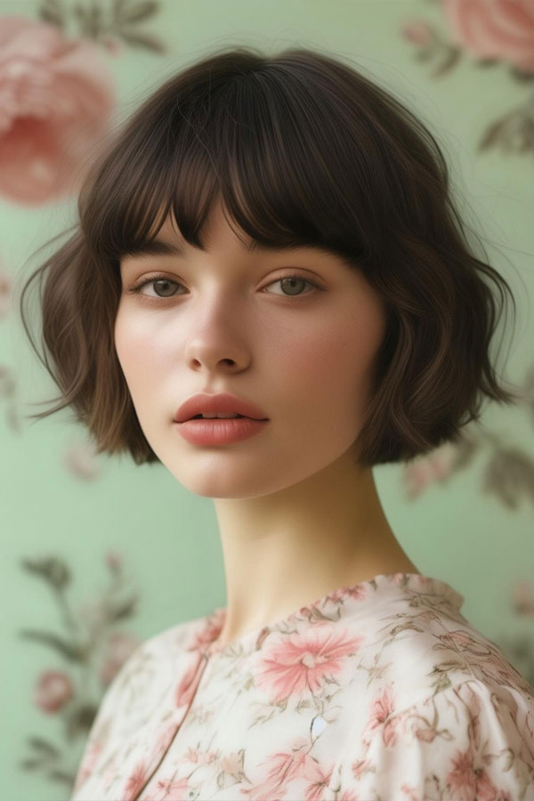 22 Cute Haircuts for Round Faces : Romantic French Bob with Wispy Bangs