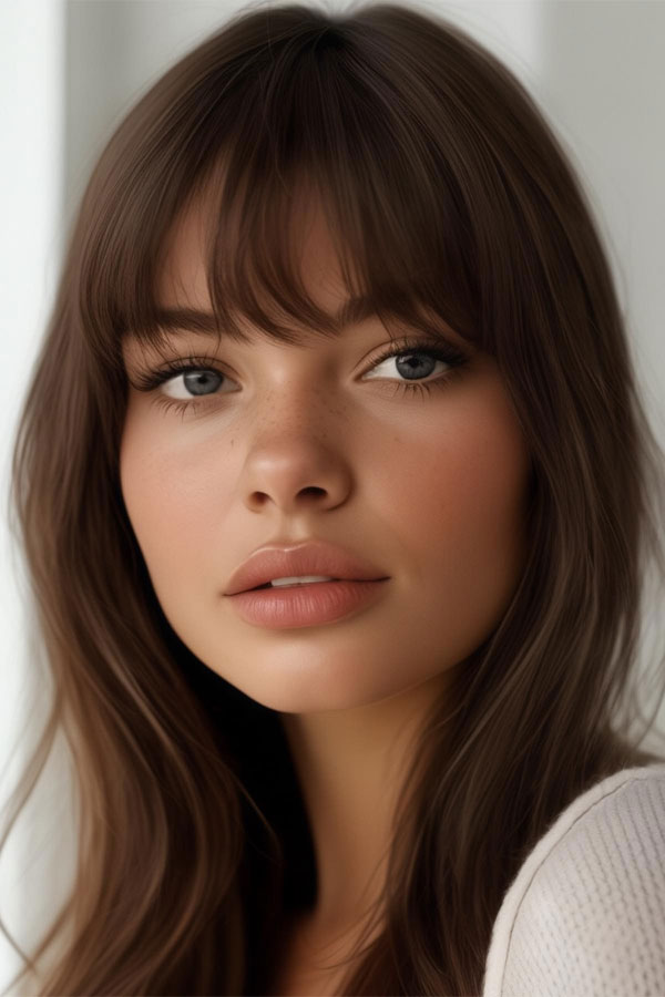 22 Cute Haircuts for Round Faces : Long Layers with Soft Bangs