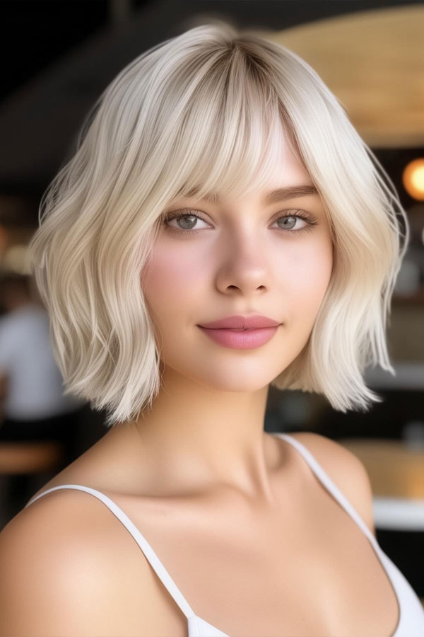 22 Cute Haircuts for Round Faces : Playful Blonde Bob with Soft Bangs