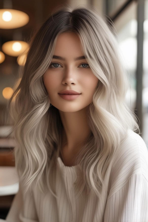 22 Cute Haircuts for Round Faces : Long Platinum Waves with Middle Part