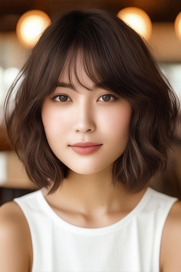 22 Cute Haircuts for Round Faces : Tousled Bob with Light Bangs