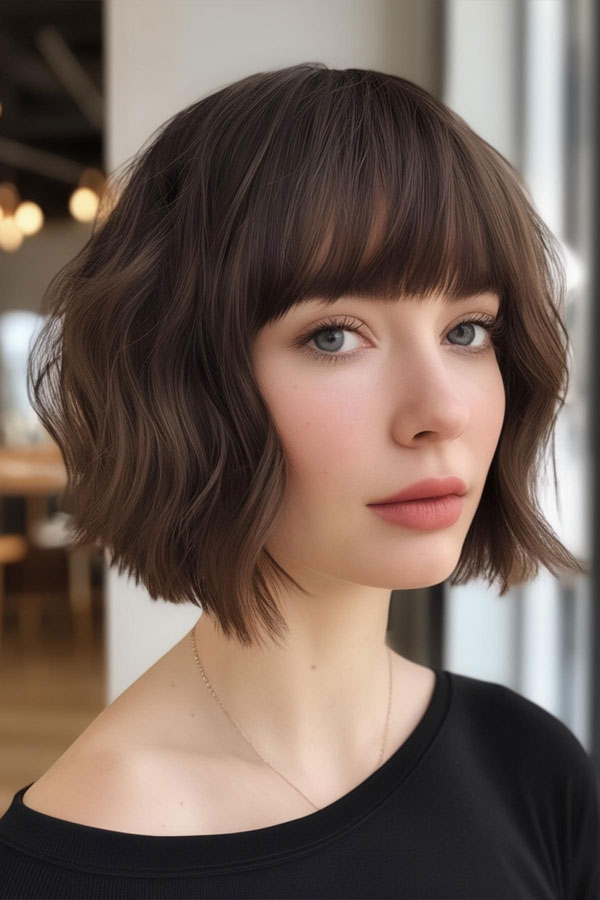 22 Cute Haircuts for Round Faces : Chic Wavy Bob with Blunt Bangs