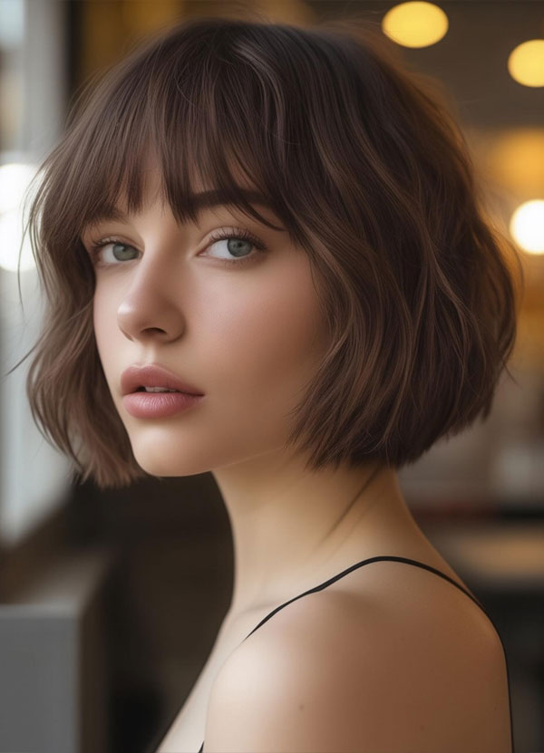 Messy Bob with Blunt Bangs, haircut for round face