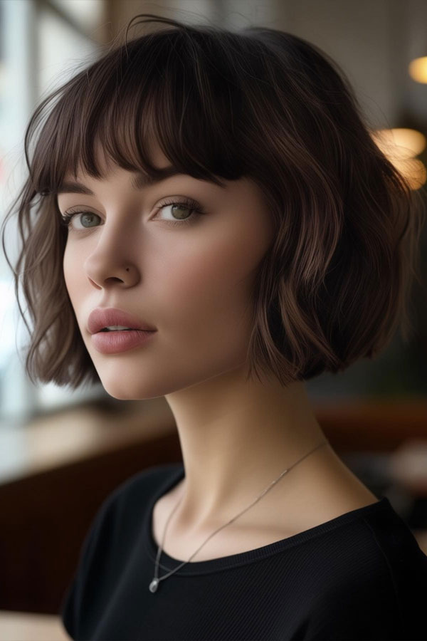22 Cute Haircuts for Round Faces : Elegant French Bob with Wispy Bangs