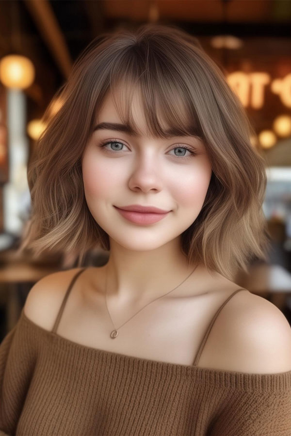 22 Cute Haircuts for Round Faces : Playful Wavy Bob with Curtain Bangs