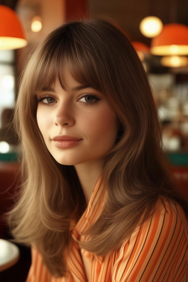 22 Cute Haircuts for Round Faces : Retro-Inspired Long Layers with Soft Bangs