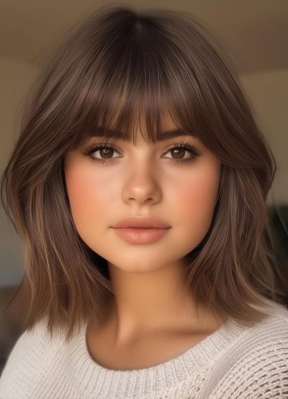 22 Cute Haircuts for Round Faces : Shoulder-Length Brunette Bob with ...