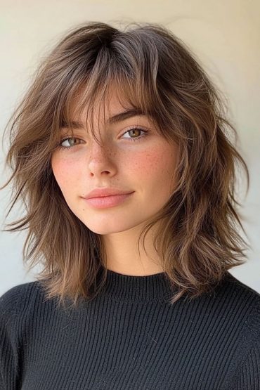 35 Effortless Chic Bob Hairstyles : Textured Shaggy Bob with Feathery Bangs