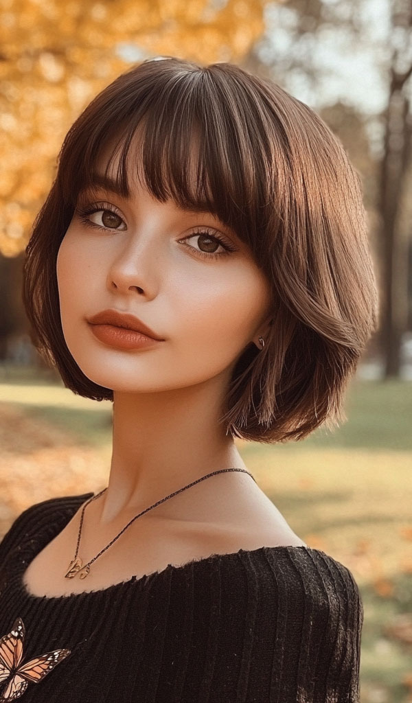 Chestnut Classic Bob with Blunt Bangs, cute short haircut, short hairstyle