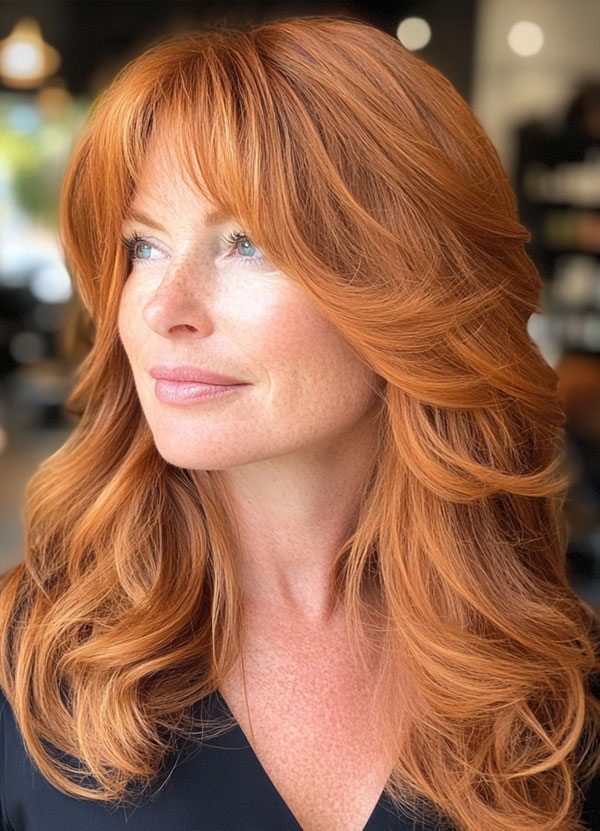 32 Layered Haircuts For Over 40 : Fiery Red Long Layers with Curtain Bangs