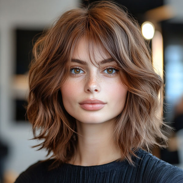 50 Effortless Shag Haircuts To Rock : Tousled Brunette Shag with Wispy Bangs