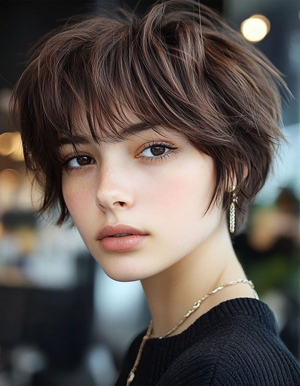 40 Cute Short Haircuts & Hairstyles : Textured Pixie with Layered Fringe