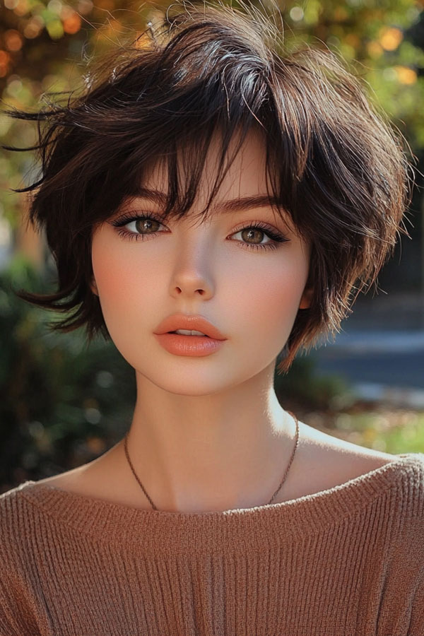 40 Cute Short Haircuts & Hairstyles : Voluminous Shaggy Pixie with Wispy Bangs