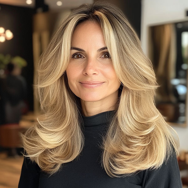 32 Layered Haircuts For Over 40 : Golden Blonde Long Layers