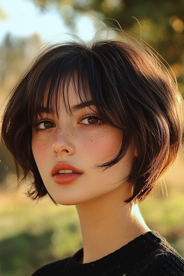 40 Cute Short Haircuts & Hairstyles : Short Layered Bob with Wispy Bangs