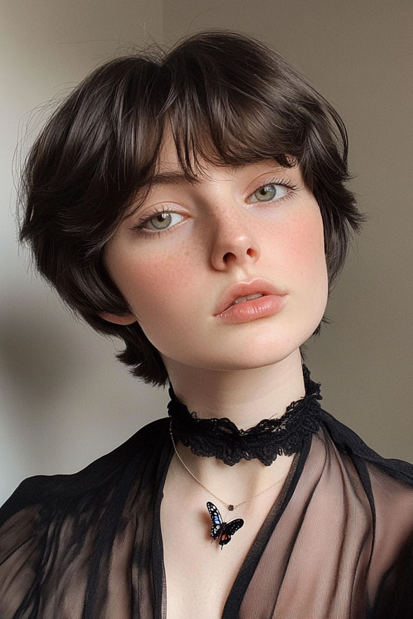 40 Cute Short Haircuts & Hairstyles : Classic Layered Bob with Curtain Bangs