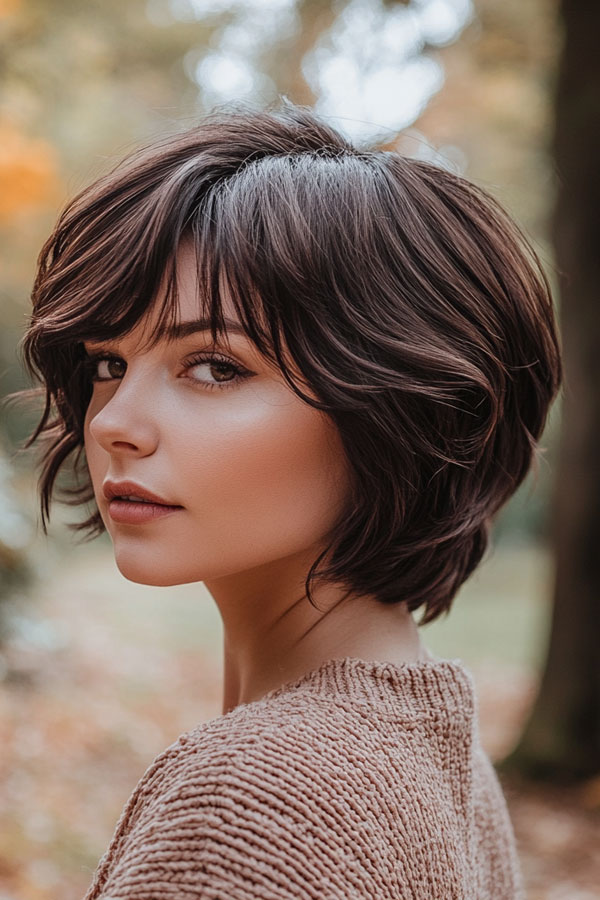 Rich Brown Textured Bob with Side-Swept Layers, cute short haircut, short hairstyle