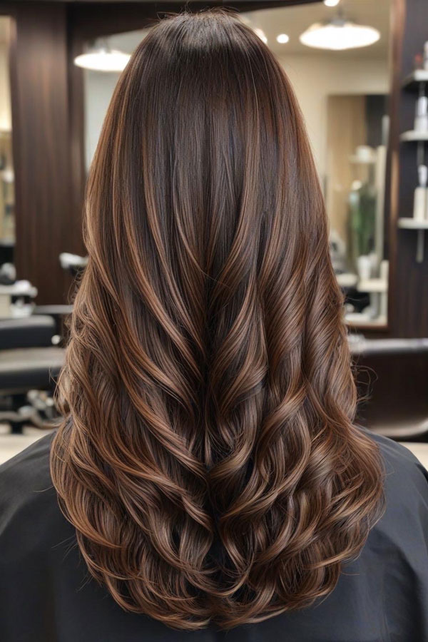 Mocha Long Hair with Swirl Curls, autumn hair colour shades, fall hair color