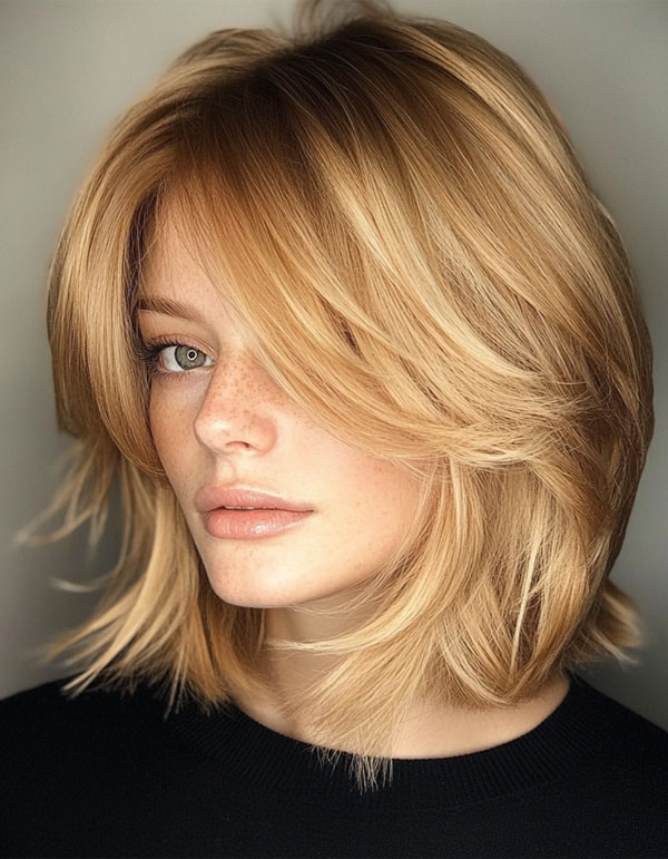 Layered Bob Haircut, Golden Blonde Layered Bob with Swept Bangs