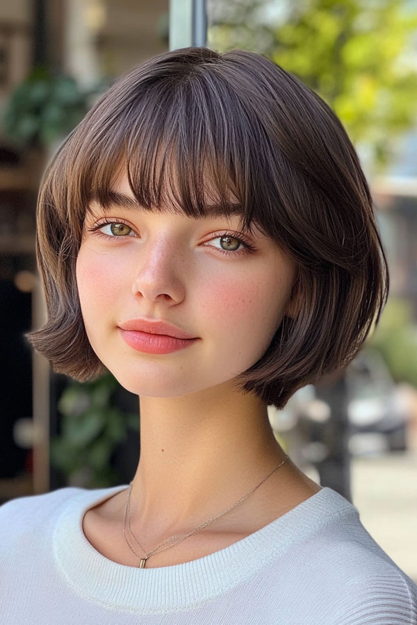 40 Cute Short Haircuts & Hairstyles : Deep Brown Bob with Baby Bangs