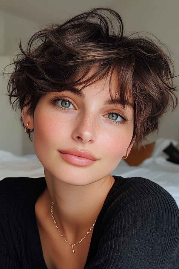 Warm Brown Playful Pixie with Tousled Layers, cute short haircut, short hairstyle