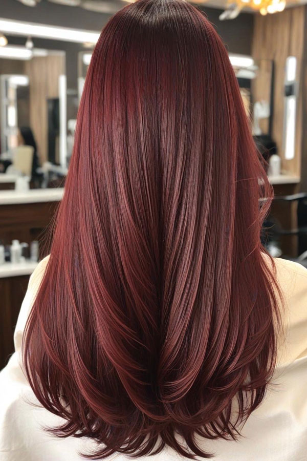 65 Stunning Autumn Hair Colour Shades : Glossy Rich Burgundy Long Layers