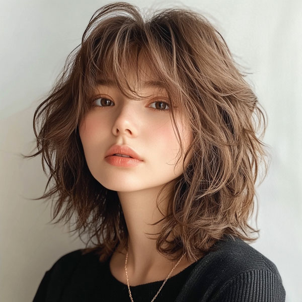 50 Effortless Shag Haircuts To Rock : Tousled Chestnut Medium-Length with Curtain Bangs