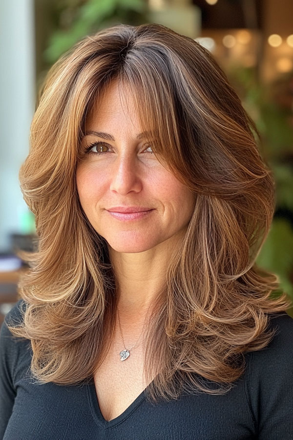 32 Layered Haircuts For Over 40 : Classic Warm Brown Volume Layers