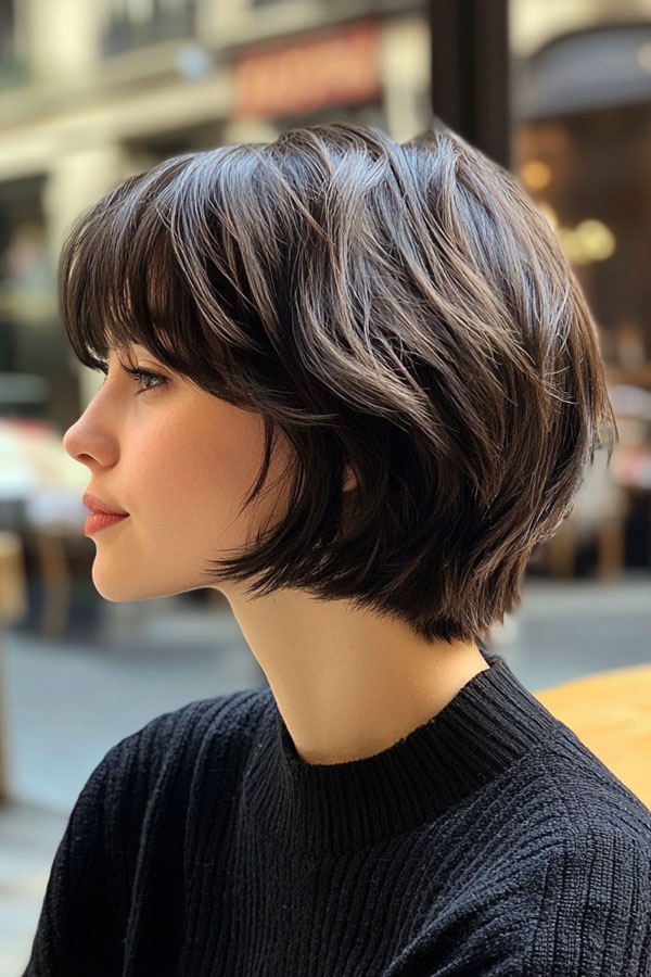 40 Cute Short Haircuts & Hairstyles : Layered Bob with Side-Swept Bangs