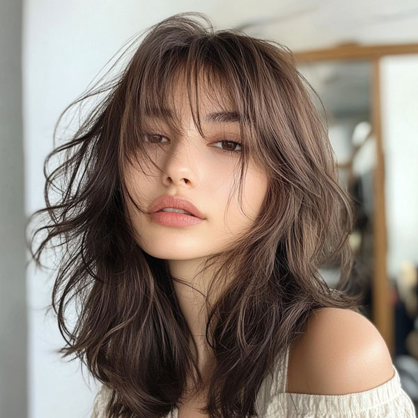 50 Effortless Shag Haircuts To Rock : Wind-Swept Brunette Shag with Long Layers