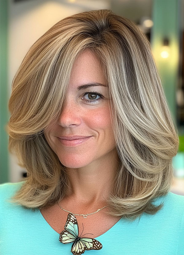 40 Layered Bob Haircuts to Try Now : Voluminous Blonde Lob with Side-Swept Bangs