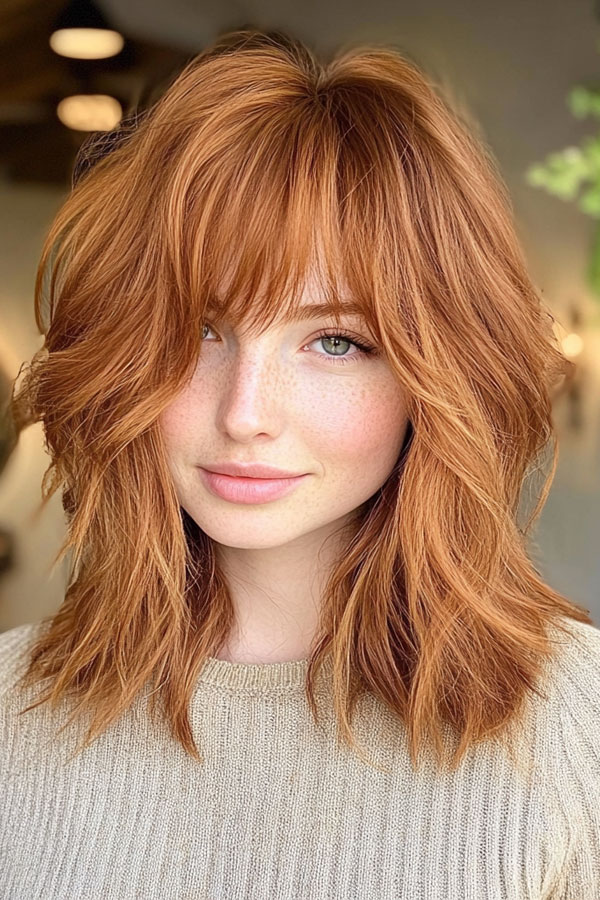 Fiery Red Medium-Length Shag, copper shag haircut with fringe