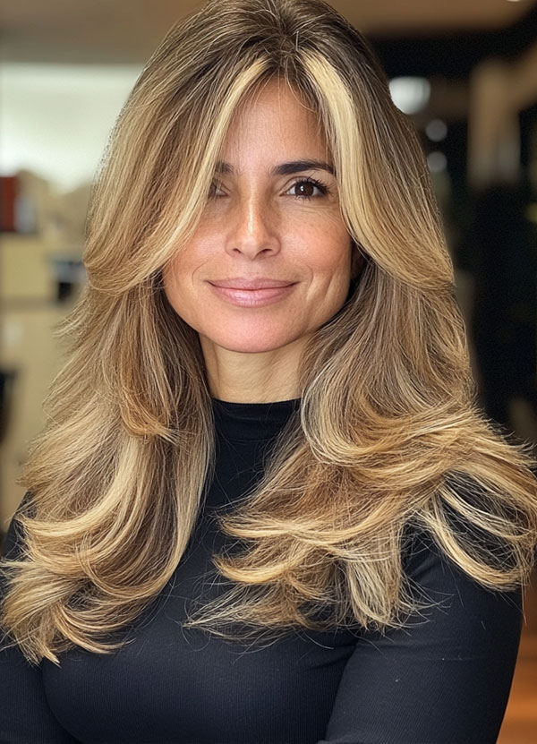 32 Layered Haircuts For Over 40 : Golden Blonde Layers with Highlights