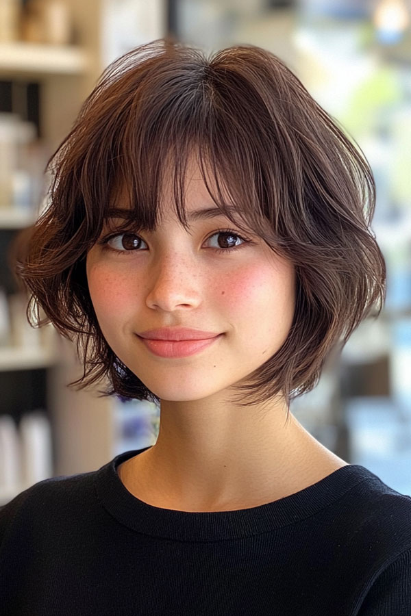 Playful Wavy Bob with Soft Bangs, cute short haircut, short hairstyle