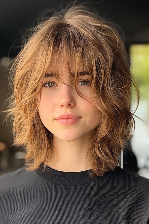 50 Effortless Shag Haircuts To Rock : Beachy Waves Shag with Casual Bangs