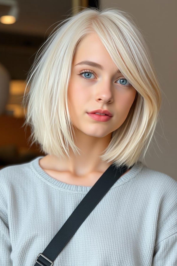 25 Chic Icy Platinum Long Bob Hairstyles : Side-Parted Bob with Soft Layers