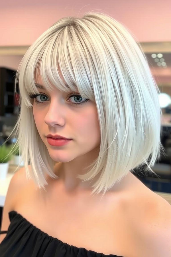 Classic Platinum Bob with Full Bangs, Icy Platinum Long Bob Hairstyle