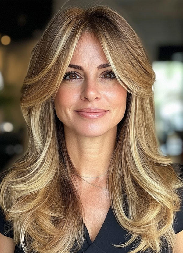 32 Layered Haircuts For Over 40 : Honey Blonde Layers with Curtain Bangs