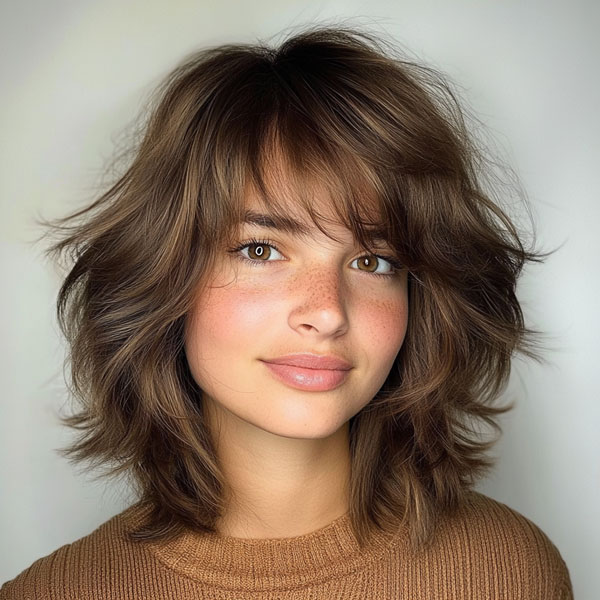 50 Effortless Shag Haircuts To Rock : Fluffy Chestnut Shag with Playful Layers